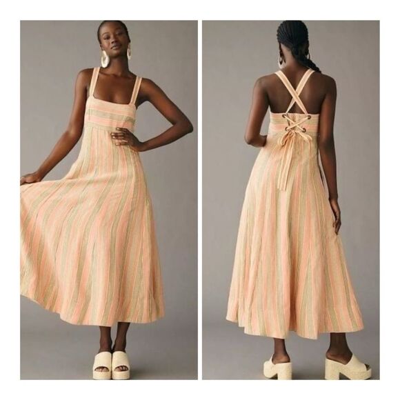 New Anthropologie x Maeve Square-Neck Tie-Back A-Line Midi Dress Size 0 - Picture 1 of 11